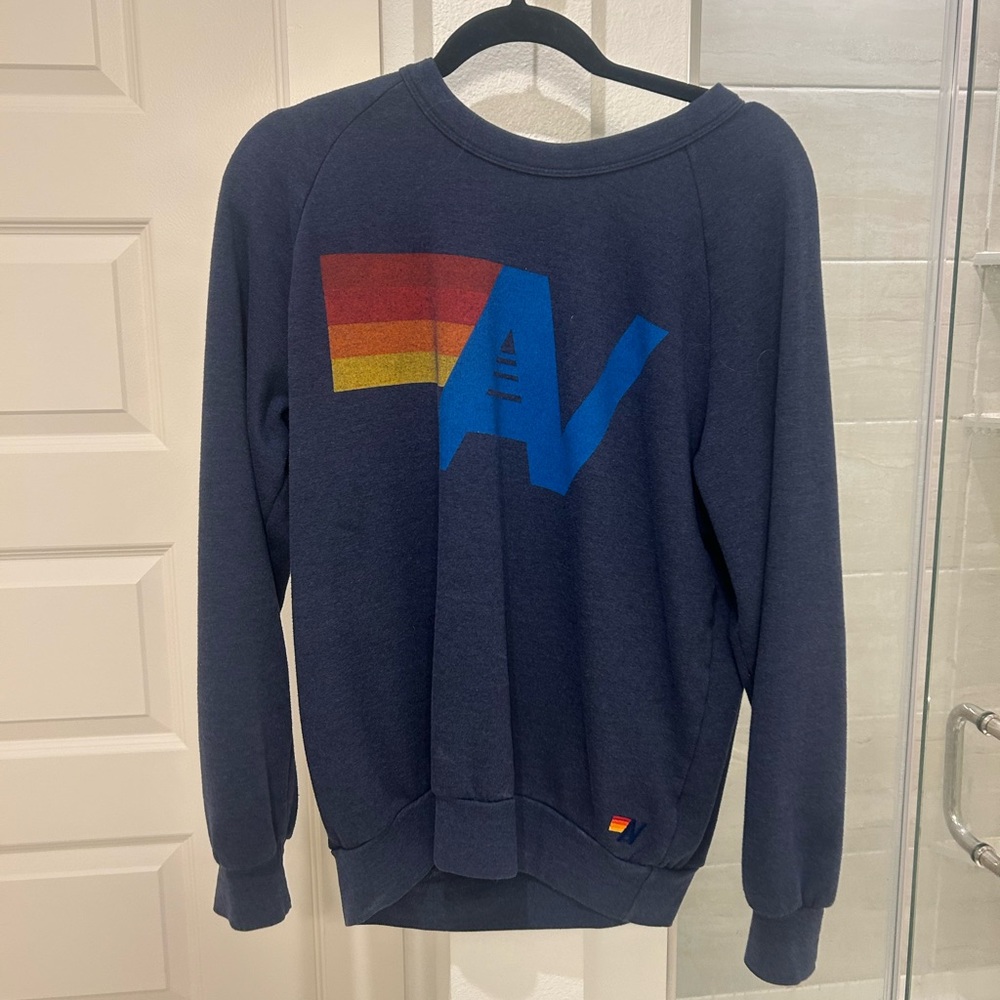 Aviator Nation Blue Sweater with Multicolor Graphic